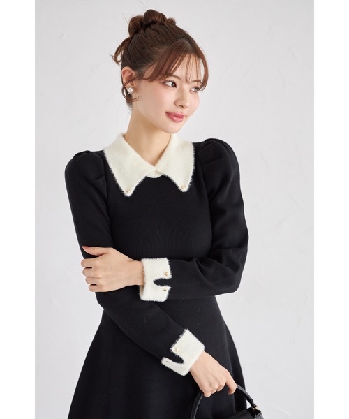 tocco closet(トッコ クローゼット)の「襟付き配色シャギー切り替えハート飾り釦リブニットワンピース(ワンピース・レディース・アイボリー/ブラック/ボルドー/グレイッシュブルー・M)」の11枚目の写真