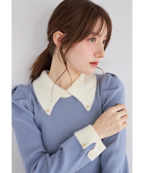 tocco closet(トッコ クローゼット)の「襟付き配色シャギー切り替えハート飾り釦リブニットワンピース(ワンピース・レディース・アイボリー/ブラック/ボルドー/グレイッシュブルー・M)」の18枚目の写真