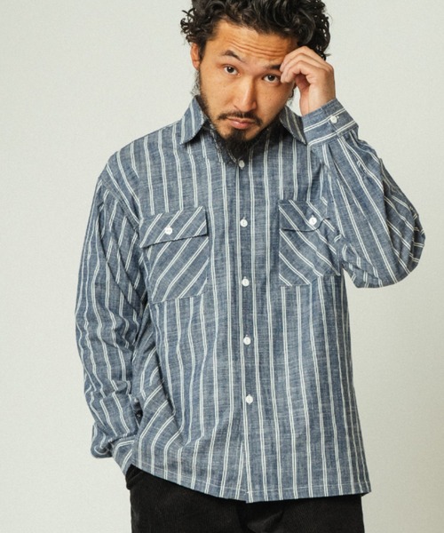 【刺繍ワンポイント】MICKEY.INC 長袖BDシャツ　ストライプ　XL ディズニー ボタンダウン 長袖 形態安定 ニットシャツ ストライプ