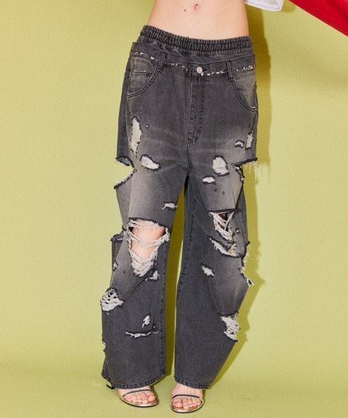 DAMAGE LAYERED DENIM パンツ（デニムパンツ）｜Candy Stripper
