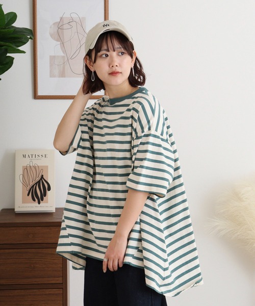 セール】空紡糸ボーダー Aライン裾切替トップス（Tシャツ