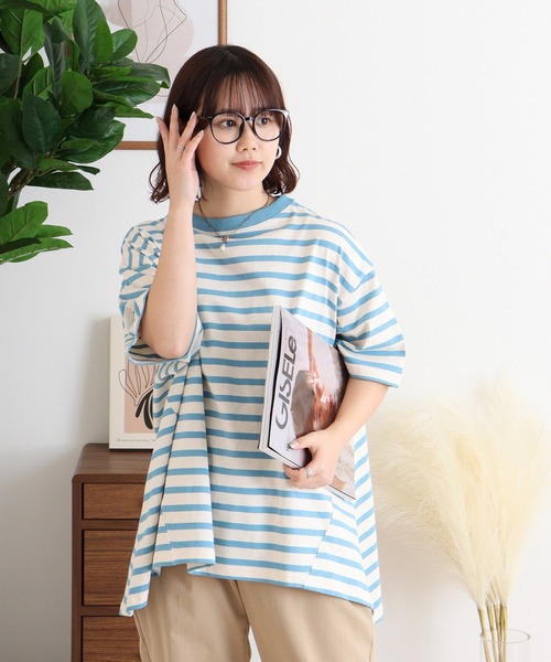 Arinomama(アリノママ)の「空紡糸ボーダー Aライン裾切替トップス(Tシャツ/カットソー・レディース・ピンク系その他/ブルー系その他/グリーン系その他/ブラック×ホワイト・FREE)」の4枚目の写真