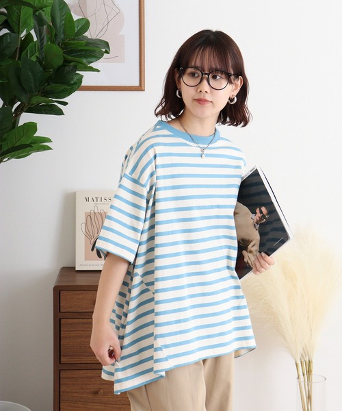 Arinomama(アリノママ)の「空紡糸ボーダー Aライン裾切替トップス(Tシャツ/カットソー・レディース・ピンク系その他/ブルー系その他/グリーン系その他/ブラック×ホワイト・FREE)」の13枚目の写真