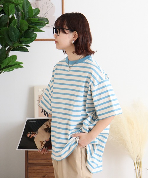 Arinomama(アリノママ)の「空紡糸ボーダー Aライン裾切替トップス(Tシャツ/カットソー・レディース・ピンク系その他/ブルー系その他/グリーン系その他/ブラック×ホワイト・FREE)」の14枚目の写真