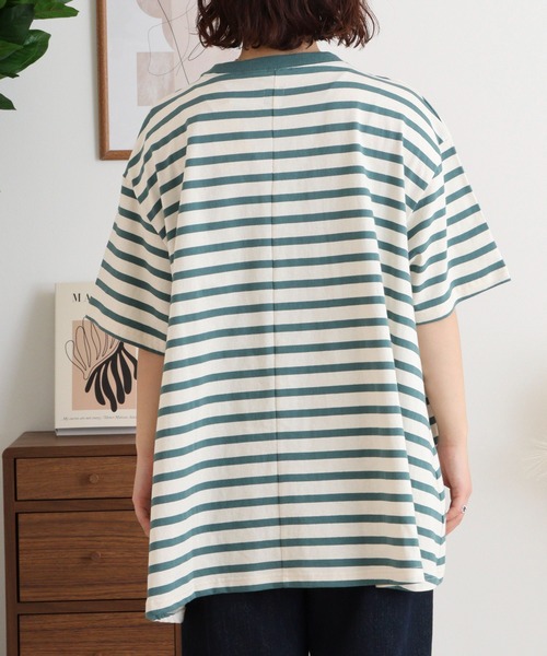 トップス ayatarou セール】空紡糸ボーダー Aライン裾切替トップス（Tシャツ