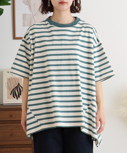 セール】空紡糸ボーダー Aライン裾切替トップス（Tシャツ