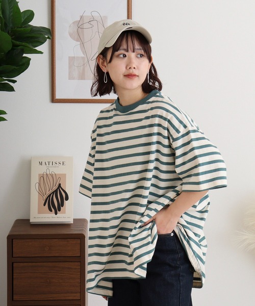 Arinomama(アリノママ)の「空紡糸ボーダー Aライン裾切替トップス(Tシャツ/カットソー・レディース・ピンク系その他/ブルー系その他/グリーン系その他/ブラック×ホワイト・FREE)」の10枚目の写真