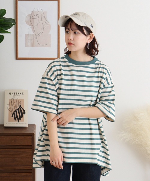 Arinomama(アリノママ)の「空紡糸ボーダー Aライン裾切替トップス(Tシャツ/カットソー・レディース・ピンク系その他/ブルー系その他/グリーン系その他/ブラック×ホワイト・FREE)」の11枚目の写真