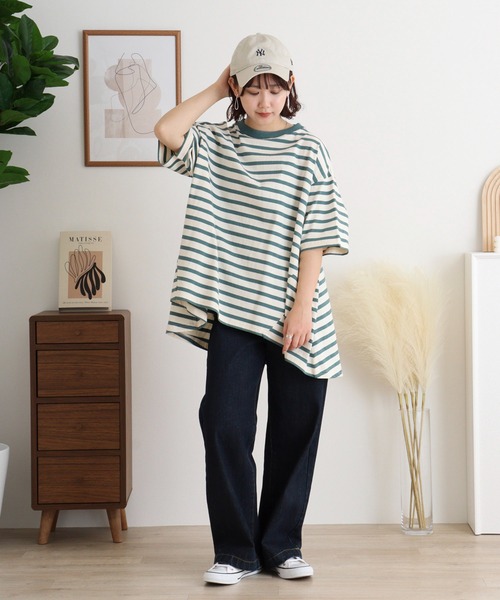 Arinomama(アリノママ)の「空紡糸ボーダー Aライン裾切替トップス(Tシャツ/カットソー・レディース・ピンク系その他/ブルー系その他/グリーン系その他/ブラック×ホワイト・FREE)」の12枚目の写真
