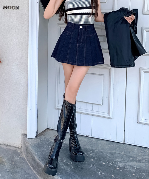 FINEnough(ファインナフ)の「ステッチ配色インパン付きデニムプリーツミニスカート(デニムスカート・レディース・ブラック/インディゴブルー・S/M)」の6枚目の写真