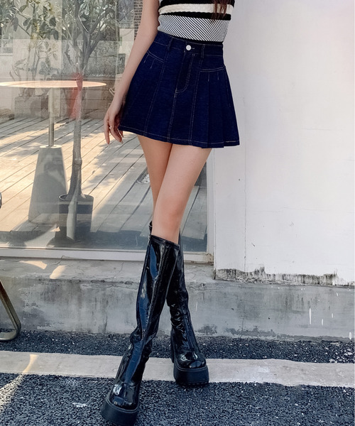 FINEnough(ファインナフ)の「ステッチ配色インパン付きデニムプリーツミニスカート(デニムスカート・レディース・ブラック/インディゴブルー・S/M)」の19枚目の写真