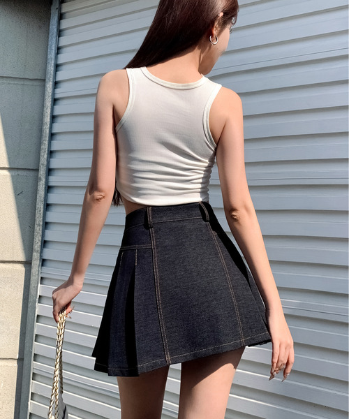 FINEnough(ファインナフ)の「ステッチ配色インパン付きデニムプリーツミニスカート(デニムスカート・レディース・ブラック/インディゴブルー・S/M)」の11枚目の写真
