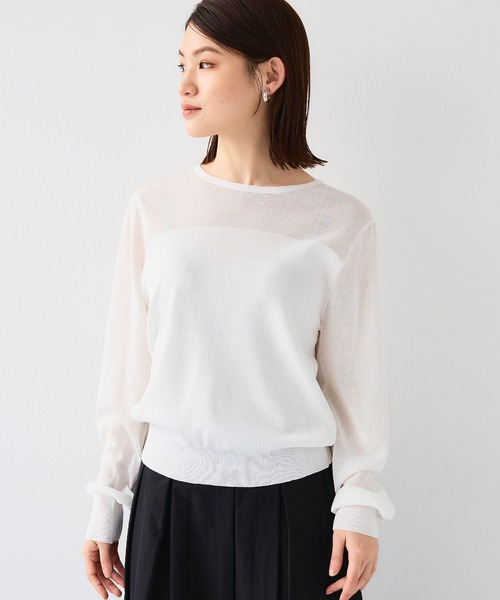 CROSS FUNCTION（クロスファンクション）の「《洗える》サマナチュラシアー切り替えパフスリーブニットトップス【CF/クロスファンクション】（ニット/セーター・レディース・杢グレー/オフホワイト/ミント/ブラック・L/M/LL）」の6枚目の写真