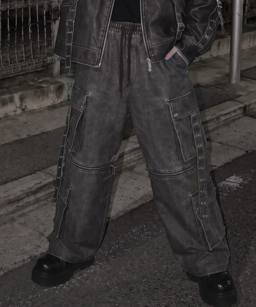 ililil 2wayヴィンテージ加工合成皮革カーゴパンツ グレー セール】『ililil/イルイルイル』【2way gimmick synthetic leather