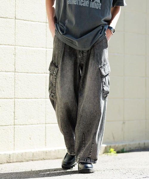 セール】ライトデニムワイドカーゴパンツ/パラシュートパンツ（デニム