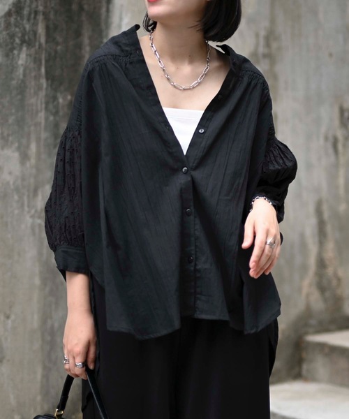 MOINON PLUS 綿100% 刺繍ブラウス　黒　インド製 セール】インド綿袖カットワーク刺繍ブラウス（インド綿.インド