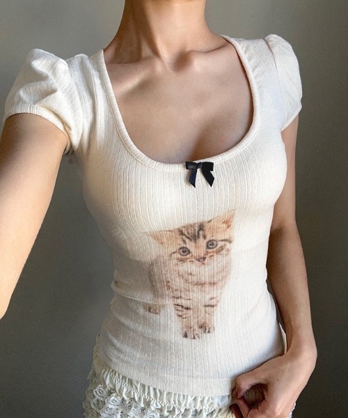 UP START（アップスタート）の「【LAMPOON】プリティキャットＴシャツ（Tシャツ/カットソー・レディース・ホワイト・SMALL/MEDIUM/LARGE）」の3枚目の写真