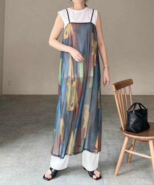 She's Closet（シーズクローゼット）の「水彩ニュアンス柄 ロング丈 メッシュチュール シアーキャミワンピース（ワンピース・レディース・アイボリー/ナチュラル/スミクロ/ライトグレー・FREE）」の2枚目の写真