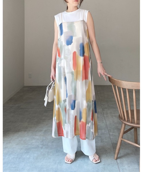 Sea NEW YORK::シアーメッシュスカートスリップワンピ:2[RESALE] 水彩ニュアンス柄ロング丈メッシュチュールシアーキャミ