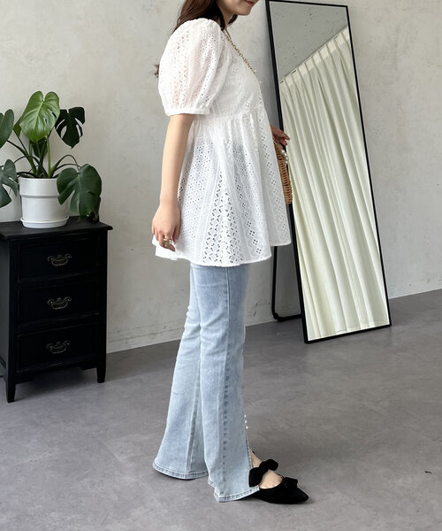 ブラウス シャツ Vネックレースペプラムブラウス レディース Fit more ブラウス シャツ Vネックフリンジドットペプラム