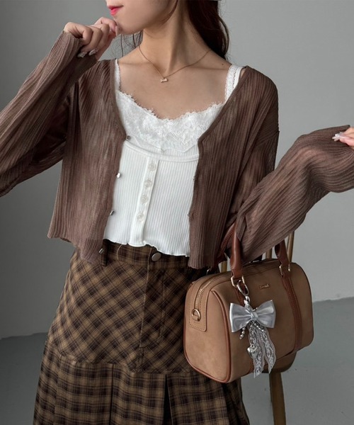 one after another NICE CLAUP（ワンアフターアナザーナイスクラップ）の「着回し万能/シアーカーディガン（カーディガン/ボレロ・レディース・オフホワイト/ブラック/ラベンダー/サックスブルー/ブラウン/ピンク・FREE）」の4枚目の写真