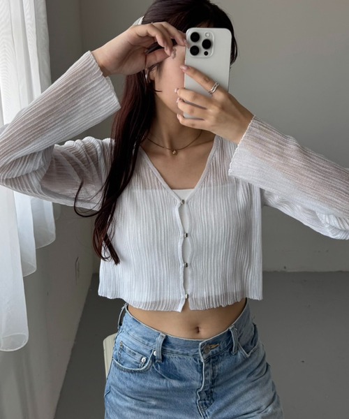 one after another NICE CLAUP（ワンアフターアナザーナイスクラップ）の「着回し万能/シアーカーディガン（カーディガン/ボレロ・レディース・オフホワイト/ブラック/ラベンダー/サックスブルー/ブラウン/ピンク・FREE）」の5枚目の写真