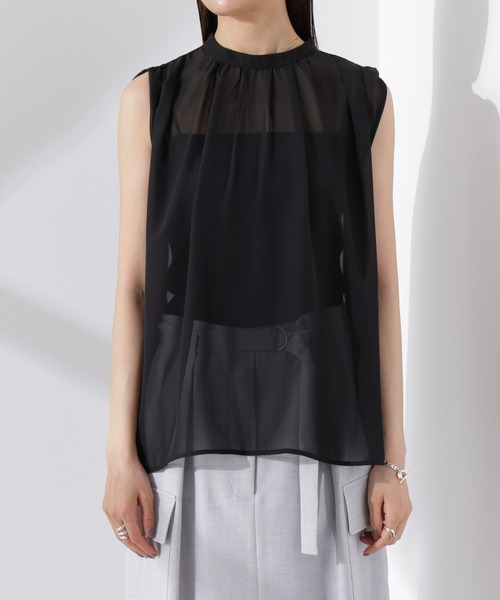 NANO universe（ナノユニバース）の「シアージョーゼットギャザーノースリーブブラウス（シャツ/ブラウス・レディース・ホワイト/ブラック/サーモンピンク・FREE）」の20枚目の写真