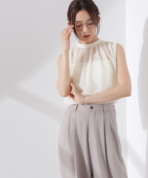 NANO universe（ナノユニバース）の「シアージョーゼットギャザーノースリーブブラウス（シャツ/ブラウス・レディース・ホワイト/ブラック/サーモンピンク・FREE）」の12枚目の写真