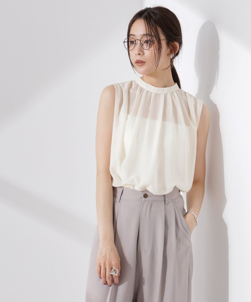 NANO universe（ナノユニバース）の「シアージョーゼットギャザーノースリーブブラウス（シャツ/ブラウス・レディース・ホワイト/ブラック/サーモンピンク・FREE）」の10枚目の写真