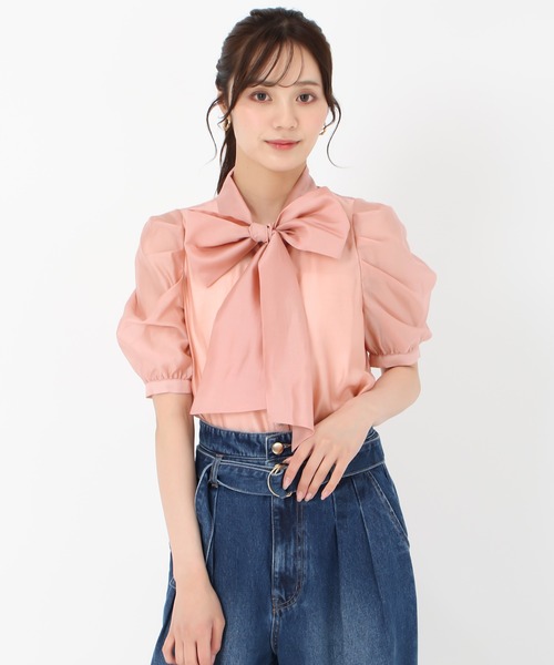 ★SANDRO シルク オフホワイト×ビジュー ボウタイブラウス クロップド ☆SANDRO シルク オフホワイト×ビジュー ボウタイブラウス