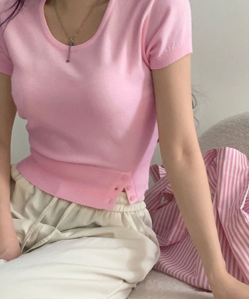 Girly Doll(ガーリードール)の「サイド裾ボタンクルーネック半袖ニット(ニット/セーター・レディース・ホワイト系その他/アイボリー/ブルー系その他/ブルー/ピンク/グリーン・FREE)」の21枚目の写真