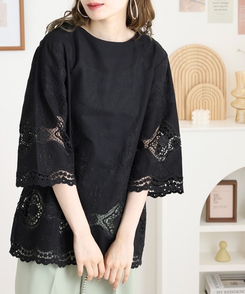 【美品】 45R Tシャツ プルオーバー 花柄 刺繍ロゴ セール】Rename 花刺繍7分袖プルオーバー（Tシャツ/カットソー