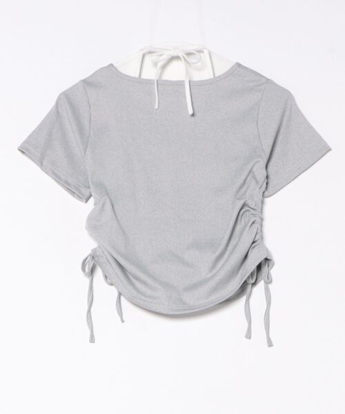 THE HITSS(ヒッツ)の「シャーリング リボン ホルターネック レイヤード風デザイン クロップド丈 半袖 Tシャツ(Tシャツ/カットソー・レディース・ブラック/ピンク/グレー・FREE)」の7枚目の写真