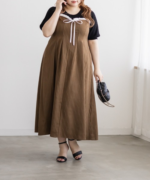 CLETTE(クレット)の「CLETTEオリジナルフリルリボンストライプキャミワンピース(ワンピース・レディース・ネイビー/ベージュ/グレー・4L/3L/LL)」の1枚目の写真