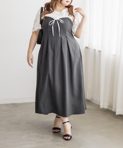CLETTE(クレット)の「CLETTEオリジナルフリルリボンストライプキャミワンピース(ワンピース・レディース・ネイビー/ベージュ/グレー・4L/3L/LL)」の2枚目の写真