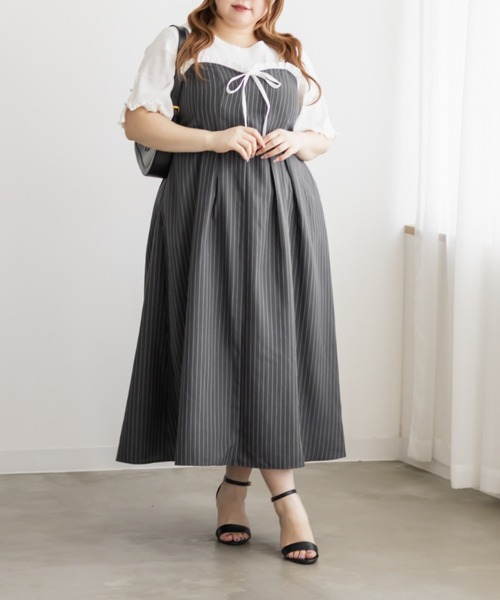 CLETTE(クレット)の「CLETTEオリジナルフリルリボンストライプキャミワンピース(ワンピース・レディース・ネイビー/ベージュ/グレー・4L/3L/LL)」の4枚目の写真