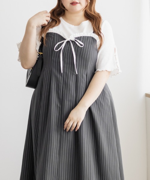 CLETTE(クレット)の「CLETTEオリジナルフリルリボンストライプキャミワンピース(ワンピース・レディース・ネイビー/ベージュ/グレー・4L/3L/LL)」の7枚目の写真