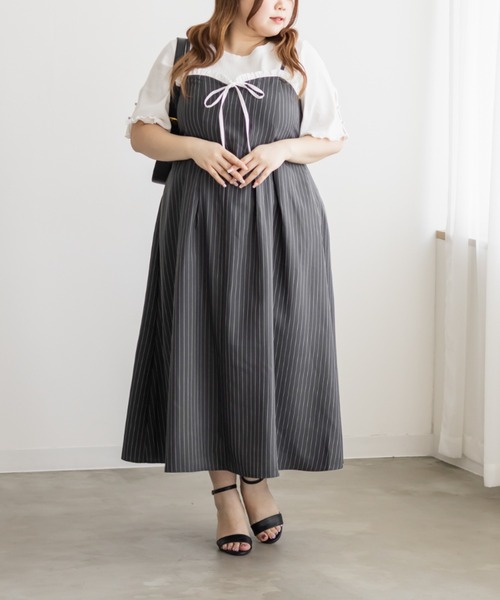 CLETTE(クレット)の「CLETTEオリジナルフリルリボンストライプキャミワンピース(ワンピース・レディース・ネイビー/ベージュ/グレー・4L/3L/LL)」の5枚目の写真
