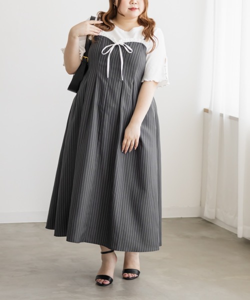 CLETTE(クレット)の「CLETTEオリジナルフリルリボンストライプキャミワンピース(ワンピース・レディース・ネイビー/ベージュ/グレー・4L/3L/LL)」の6枚目の写真