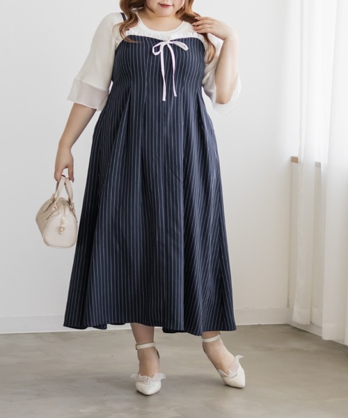 CLETTE(クレット)の「CLETTEオリジナルフリルリボンストライプキャミワンピース(ワンピース・レディース・ネイビー/ベージュ/グレー・4L/3L/LL)」の13枚目の写真