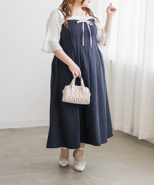 CLETTE(クレット)の「CLETTEオリジナルフリルリボンストライプキャミワンピース(ワンピース・レディース・ネイビー/ベージュ/グレー・4L/3L/LL)」の14枚目の写真