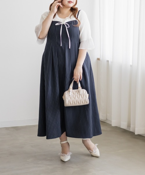 CLETTE(クレット)の「CLETTEオリジナルフリルリボンストライプキャミワンピース(ワンピース・レディース・ネイビー/ベージュ/グレー・4L/3L/LL)」の15枚目の写真