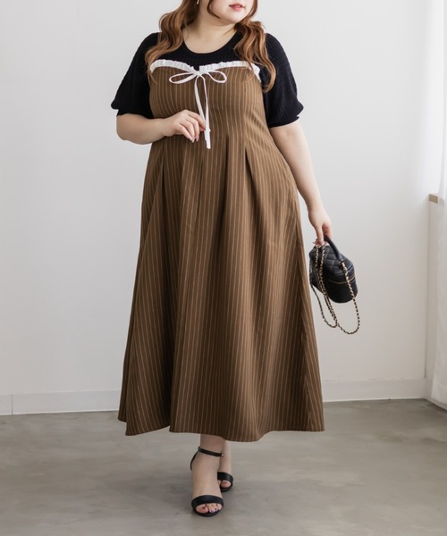 CLETTE(クレット)の「CLETTEオリジナルフリルリボンストライプキャミワンピース(ワンピース・レディース・ネイビー/ベージュ/グレー・4L/3L/LL)」の8枚目の写真