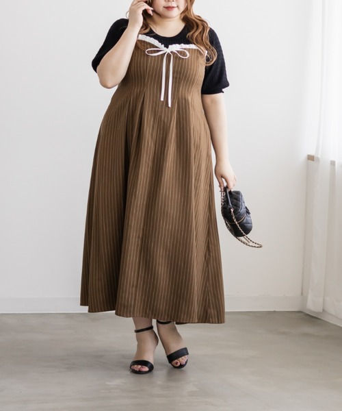 CLETTE(クレット)の「CLETTEオリジナルフリルリボンストライプキャミワンピース(ワンピース・レディース・ネイビー/ベージュ/グレー・4L/3L/LL)」の9枚目の写真