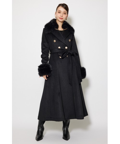 rienda リエンダ　ブラック ベルトコート　フォックスファー　S ウール 2WAYラグジュアリーレディーコート 秋服 冬服（ステンカラーコート