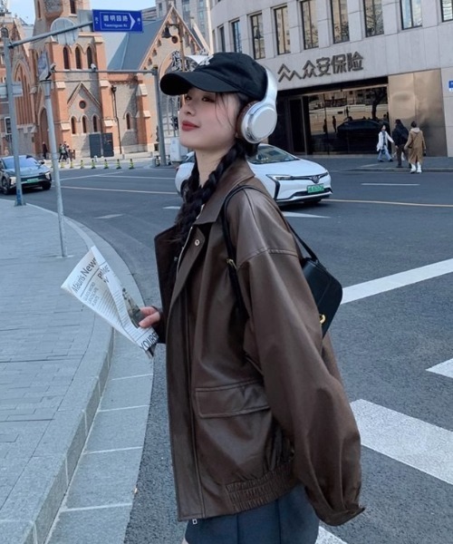 lilful(リルフル)の「オーバーサイズ PUブルゾンジャケット(ブルゾン・レディース・ブラウン/ブラック・F)」の14枚目の写真