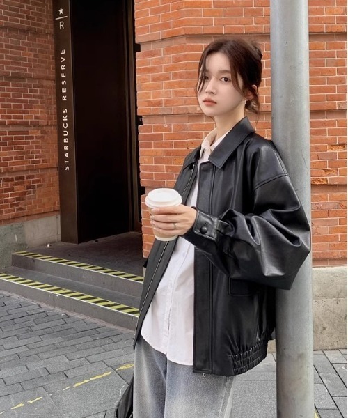 lilful(リルフル)の「オーバーサイズ PUブルゾンジャケット(ブルゾン・レディース・ブラウン/ブラック・F)」の4枚目の写真