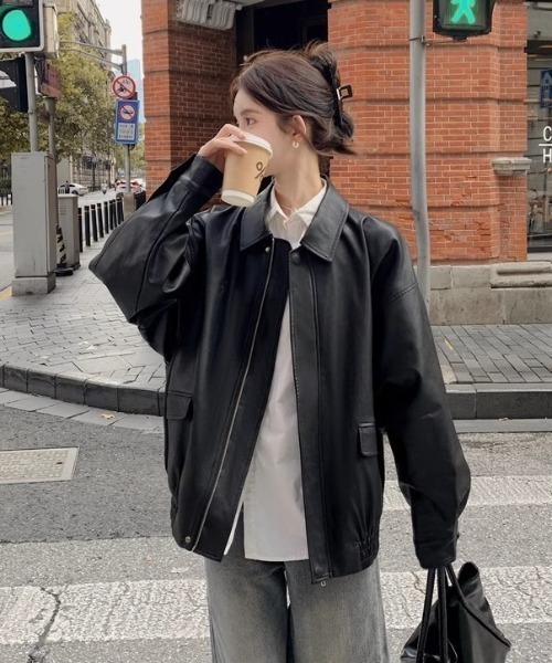 lilful(リルフル)の「オーバーサイズ PUブルゾンジャケット(ブルゾン・レディース・ブラウン/ブラック・F)」の5枚目の写真