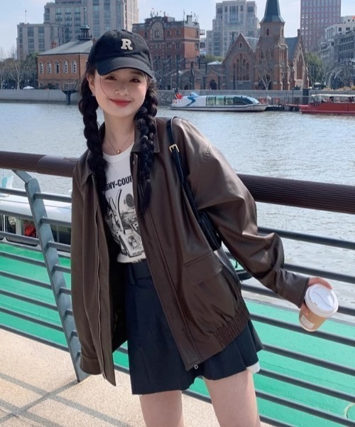 lilful(リルフル)の「オーバーサイズ PUブルゾンジャケット(ブルゾン・レディース・ブラウン/ブラック・F)」の11枚目の写真