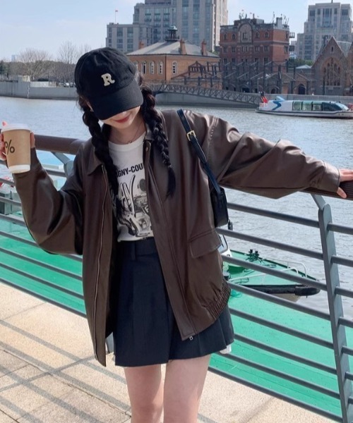 lilful(リルフル)の「オーバーサイズ PUブルゾンジャケット(ブルゾン・レディース・ブラウン/ブラック・F)」の13枚目の写真